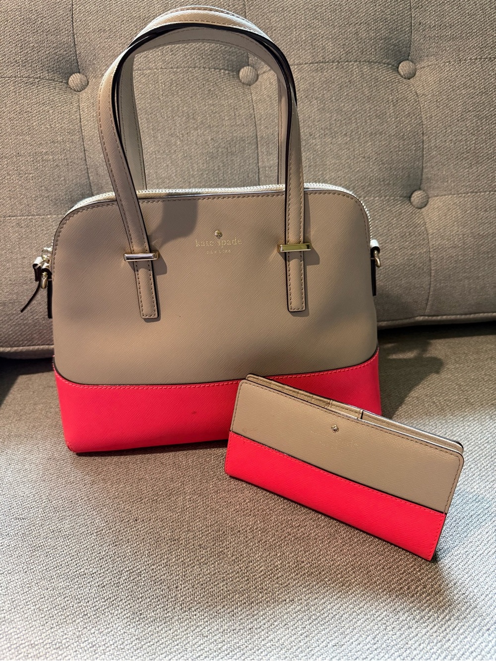 Kate Spade Beige & Hot Pink Dome Satchel w Wallet, shoulder strap and dust bag